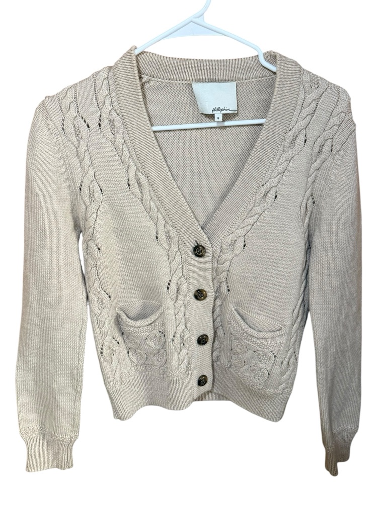 3.1 Phillip Lim 100% Merino Wool Beige Cable Knit V-Neck Button Down Cardigan